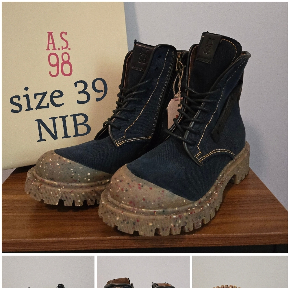 A.S.98 Dark Blue Denim Lace-Up Boots with Chunky Sole